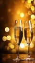 Glasses of champagne on a festive background, party or holiday concept. New Year or Christmas sparkling background. Gold Royalty Free Stock Photo