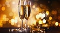 Glasses of champagne on a festive background, party or holiday concept. New Year or Christmas sparkling background. Gold Royalty Free Stock Photo