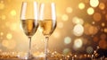 Glasses of champagne on a festive background, party or holiday concept. New Year or Christmas sparkling background. Gold Royalty Free Stock Photo