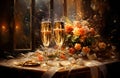 glasses champagne, Champagne festive cheers, gold sparkling bokeh, sparkling wine