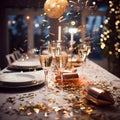 glasses champagne, Champagne festive cheers, gold sparkling bokeh, sparkling wine