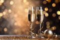 Glasses, champagne gold, streamers, baubles, confetti and bokeh effect in the background.New Year\'s Eve