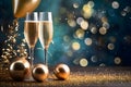 Glasses, champagne gold, streamers, baubles, confetti and bokeh effect in the background.New Year\'s Eve