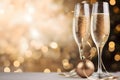 Glasses, champagne gold, streamers, baubles, confetti and bokeh effect in the background.New Year\'s Eve