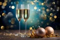 Glasses, champagne gold, streamers, baubles, confetti and bokeh effect in the background.New Year\'s Eve