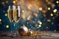 Glasses, champagne gold, streamers, baubles, confetti and bokeh effect in the background.New Year\'s Eve