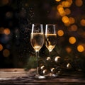 Glasses, champagne gold, streamers, baubles, confetti and bokeh effect in the background.New Year\'s Eve