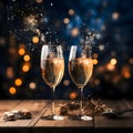 Glasses, champagne gold, streamers, baubles, confetti and bokeh effect in the background.New Year\'s Eve