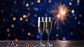 Glasses of champagne and golden fireworks, congratulations and happy new year concept background illustration. Generative AI Royalty Free Stock Photo