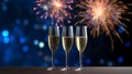 Glasses of champagne and golden fireworks, congratulations and happy new year concept background illustration. Generative AI Royalty Free Stock Photo