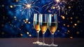 Glasses of champagne and golden fireworks, congratulations and happy new year concept background illustration. Generative AI Royalty Free Stock Photo