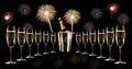 Glasses of champagne with ice bucket and fireworks Royalty Free Stock Photo