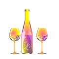 Glasses of champagne and motley bottle by bright content on light background with bokeh effect. Vector abstract for wine list, Royalty Free Stock Photo