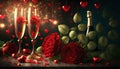 glasses with champagne and red roses with gold ornament