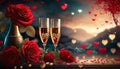 glasses with champagne and red roses with gold ornament