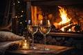 Glasses of champagne stand on the table against the backdrop of a burning fireplace. A festive Christmas evening in Royalty Free Stock Photo