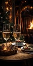 Glasses of champagne stand on the table against the backdrop of a burning fireplace. A festive Christmas evening in Royalty Free Stock Photo