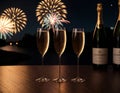 Glasses of champagne on a table with fireworks in the background