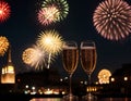 Glasses of champagne on a table with fireworks in the background