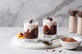 Glasses chocolate parfait food. Generate Ai