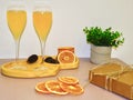 in glasses Classic Mimosa cocktail with sparkling wine and orange juice