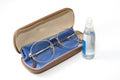 Glasses, cloth and cleaning liquid Royalty Free Stock Photo