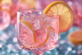 Glasses of cocktail Pink Flamingo with ice cubes and lemon slice