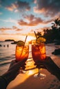 Glasses with cocktails against the backdrop of the sea in hands. Generative AI, Royalty Free Stock Photo