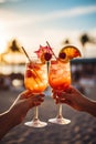 Glasses with cocktails against the backdrop of the sea in hands. Generative AI, Royalty Free Stock Photo