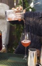 Glasses of cocktails on the bar. Bartender pours a glass of sparkling wine with red alcohol