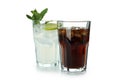 Glasses of cola and mojito isolated on white background Royalty Free Stock Photo