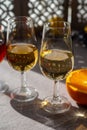 Glasses with cold dry fino and sweet cream sherry fortified wine and orange in sunlights, andalusian style interior on background Royalty Free Stock Photo