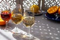 Glasses with cold dry fino and sweet cream sherry fortified wine and orange in sunlights, andalusian style interior on background Royalty Free Stock Photo