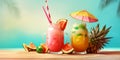 Glasses with cold refreshing summer drinks. Ice lemonade, smoothie and tropical fruits on beach over blurred sea water and blue Royalty Free Stock Photo