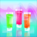 Glasses of colorful drinks with ice cubes, set of summer tropical cocktail isolated on multicolored background