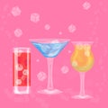 Glasses of colorful drinks with ice cubes, set of summer tropical cocktail isolated on pink background