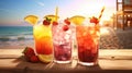 a glass of freshy sparkling soda on the beach by generative AI