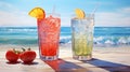 a glass of freshy sparkling soda on the beach by generative AI