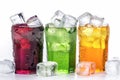 Glasses of colorful sodas with effervescent bubbles, nestled in crushed ice, showcasing a refreshing array of fizzy beverages.