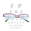 Glasses for correcting vision and a table for checking visual acuity in the background. Vision correction, selection of glasses.