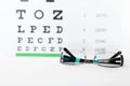 Glasses with corrective lenses on table against eye Royalty Free Stock Photo