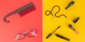 Glasses, cosmetics, jewelry and comb on a yellow and red background. Wide photo Royalty Free Stock Photo