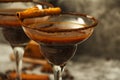 Glasses of cream coffee, cocktail or chocolate martini on a black background. Royalty Free Stock Photo