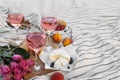 Glasses of delicious rose wine, flowers and food on white picnic blanket, space for text Royalty Free Stock Photo