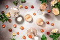 Glasses of delicious strawberry wine with roses, banner, menu, recipe place for text, top view Royalty Free Stock Photo