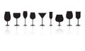 Glasses for different alcohol drinks. Black silhouettes with reflection isolated on white background. Vector Royalty Free Stock Photo