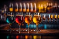 Glasses of different alcoholic cocktails on the bar counter in night club.generative ai