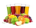 Glasses of different juice and pile of fruits and berries isolated on white background