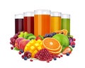 Glasses of different juice and pile of fruits and berries isolated on white background