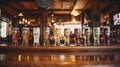 Glasses with different sorts of craft beer on wooden bar. Tap beer in pint glasses arranged in a row Royalty Free Stock Photo